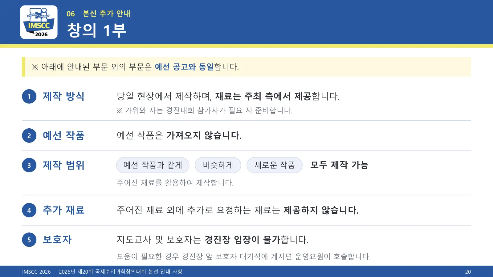 본선 안내 슬라이드 20장 · 창의 1부: 당일 현장 제작, 재료는 주최 측 제공, 가위와 자는 참가자가 필요 시 준비