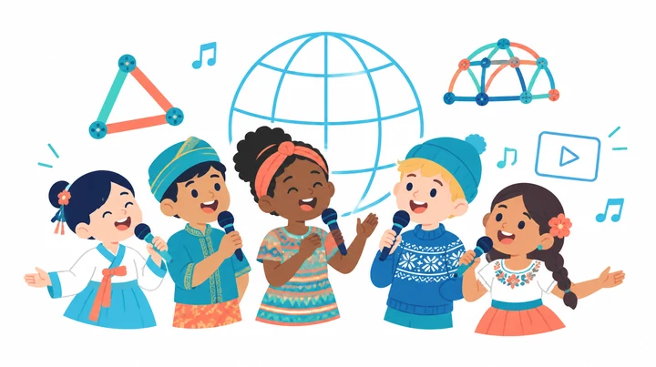 여러 나라의 어린이들이 마이크를 들고 함께 노래하는 그림 / Children from many countries singing together